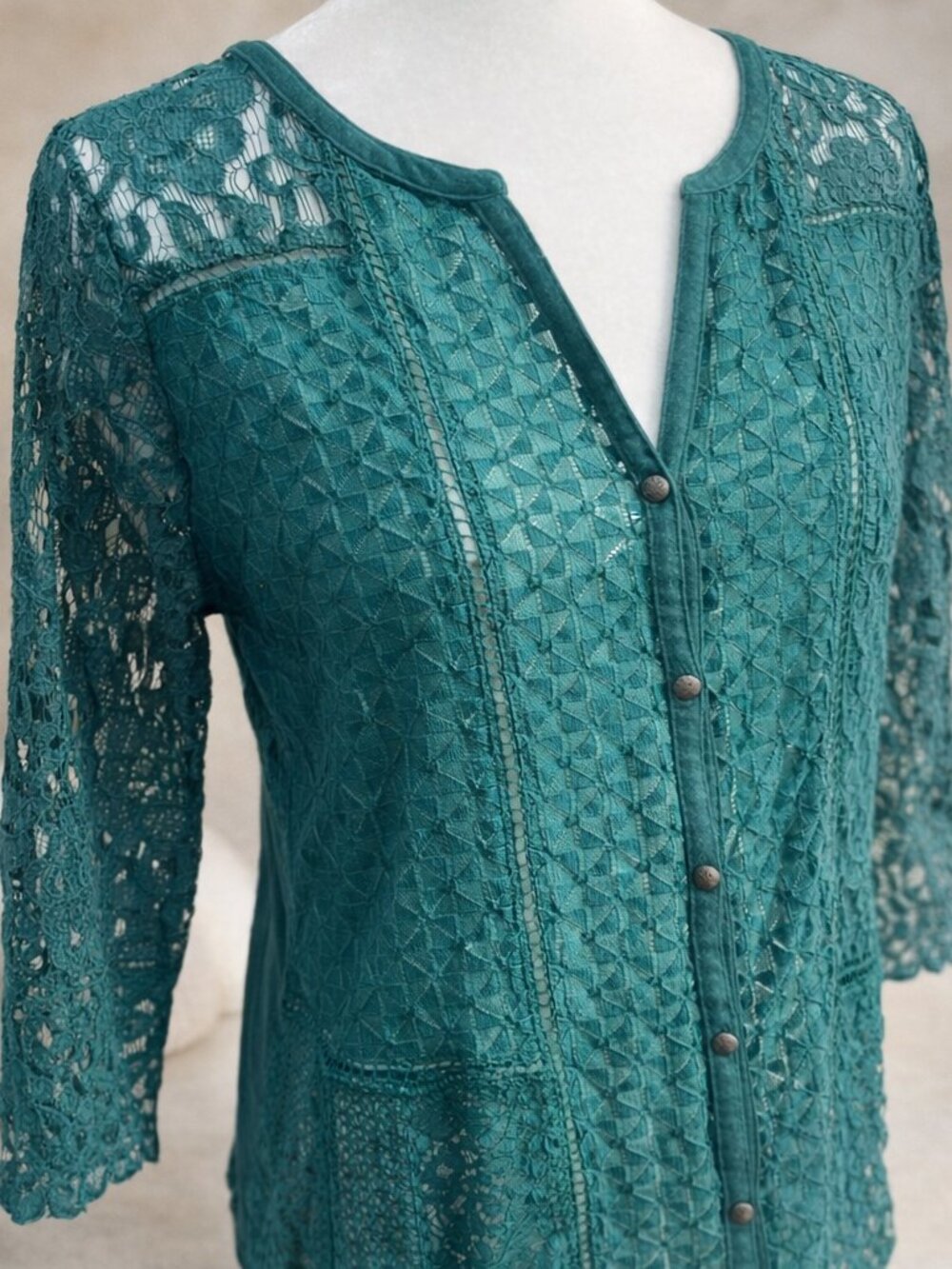 Lucky Brand Forest Green Lace Top Button Front Boho Blouse Textured Fairycore